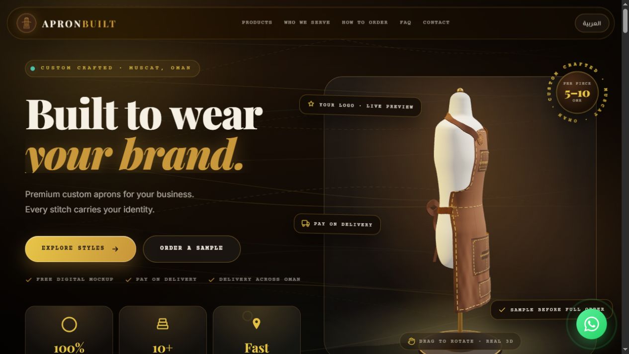 Apron Built’s gold and brown website featuring its interactive three-dimensional apron