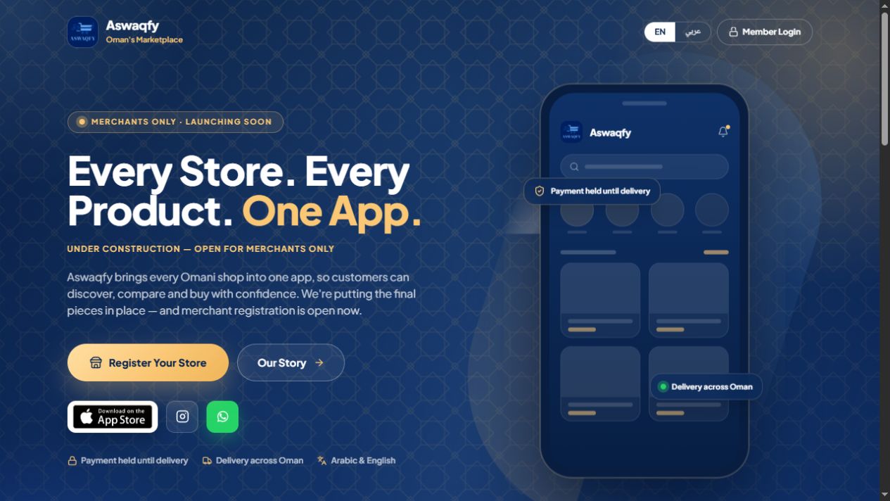 Aswaqfy’s blue and gold marketplace website with a mobile app preview